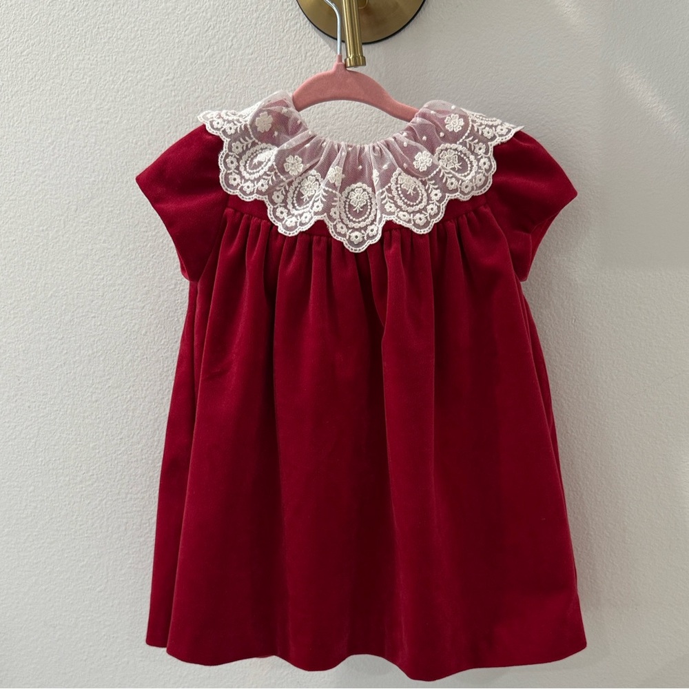 Luli & Me Red Velvet Dress with Lace Detail